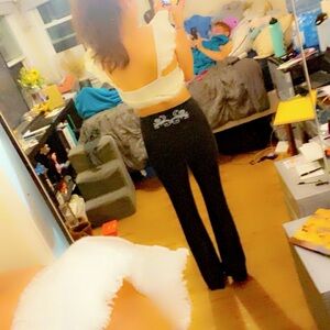 Hard Tail Black Flare Pants with White Embroidery